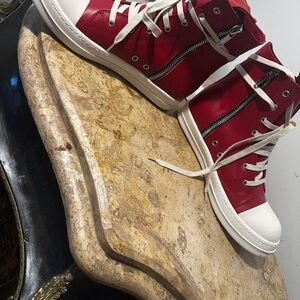 Rick Owens Red and White Zipper Sneakers
